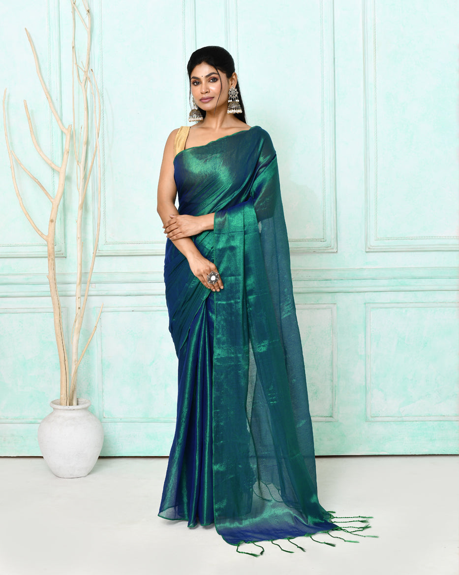 Piyari Fashion Women's Green Blue Dual Tone Organic Tissue Saree With Blouse Piece - Distacart