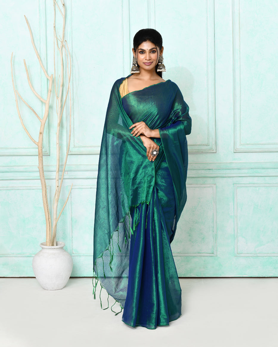 Piyari Fashion Women's Green Blue Dual Tone Organic Tissue Saree With Blouse Piece - Distacart