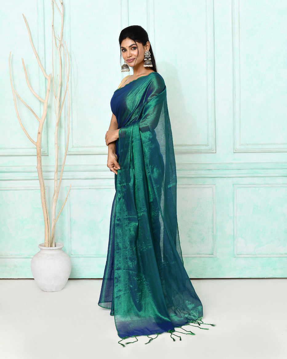 Piyari Fashion Women's Green Blue Dual Tone Organic Tissue Saree With Blouse Piece - Distacart