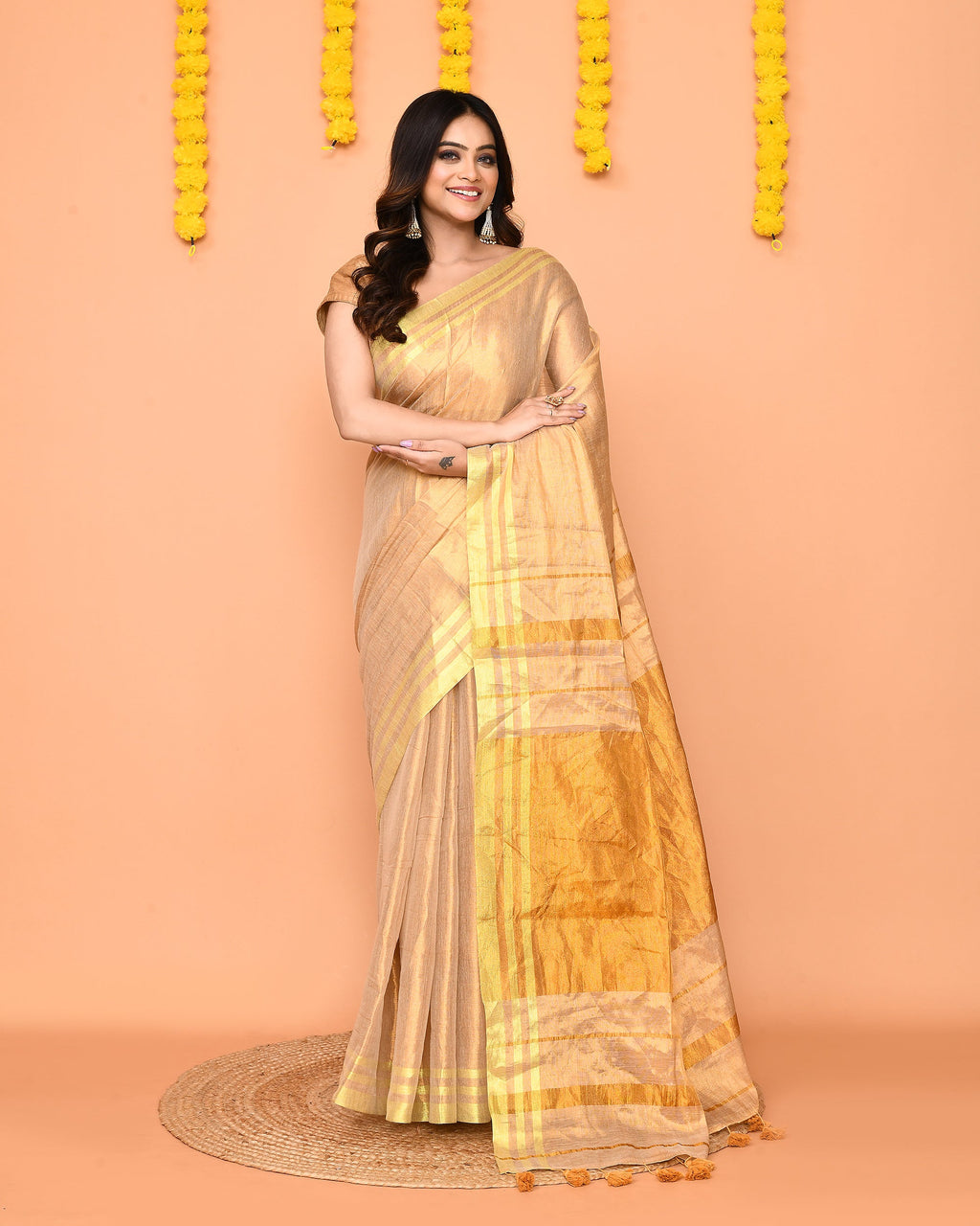 Piyari Fashion Women's Beige Zari Cotton Handloom Tissue Saree - Distacart
