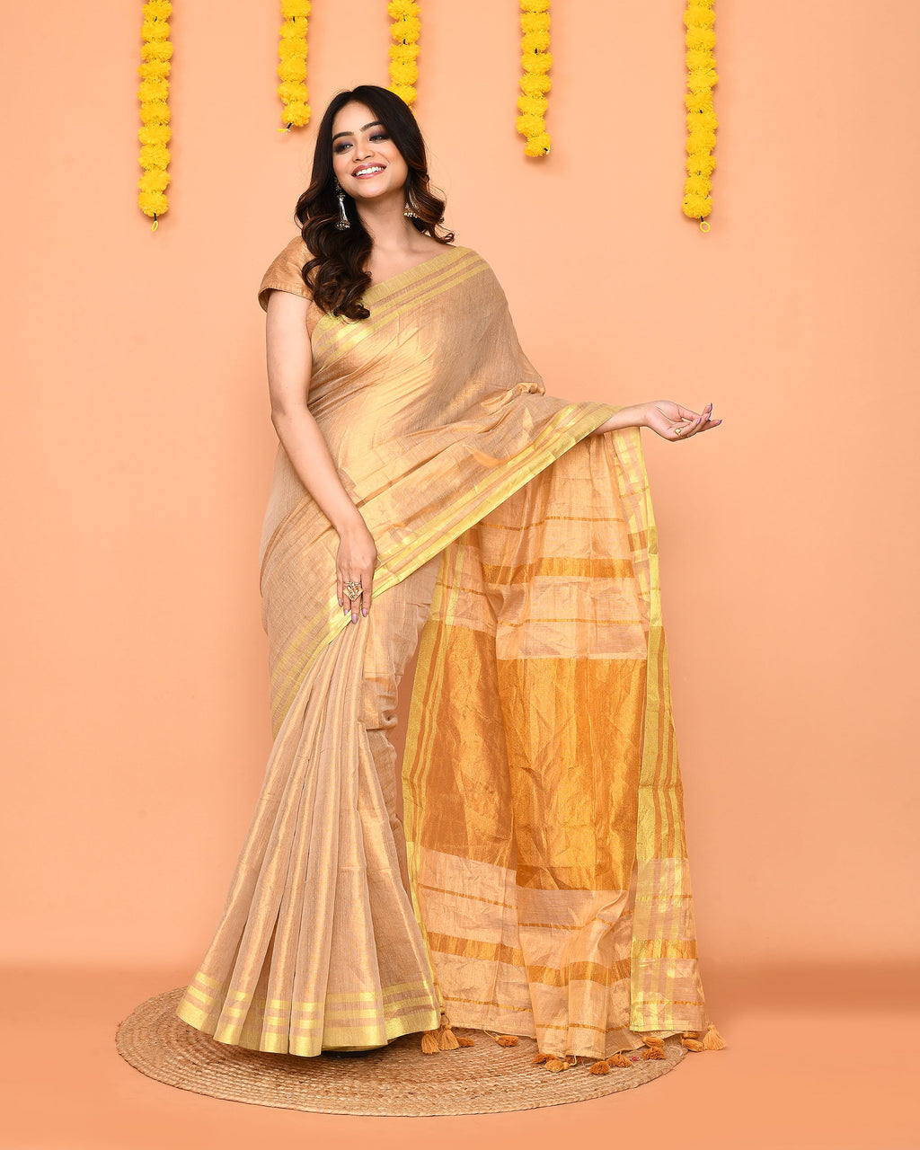 Piyari Fashion Women's Beige Zari Cotton Handloom Tissue Saree - Distacart