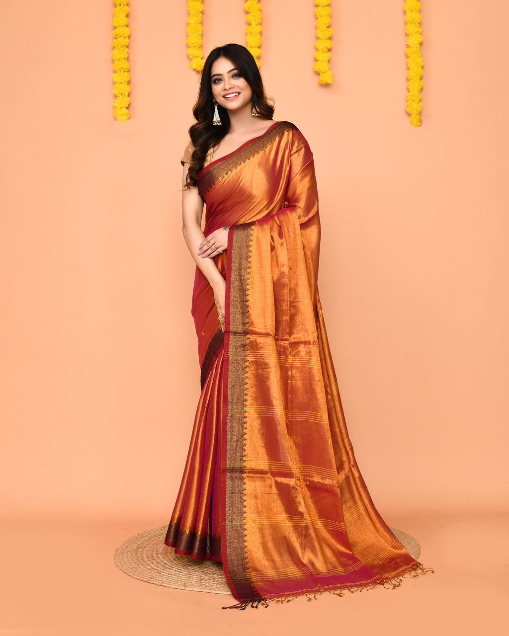 Piyari Fashion Women's Pink Yellow Dual Tone Zari Cotton Handloom Tissue Saree - Distacart