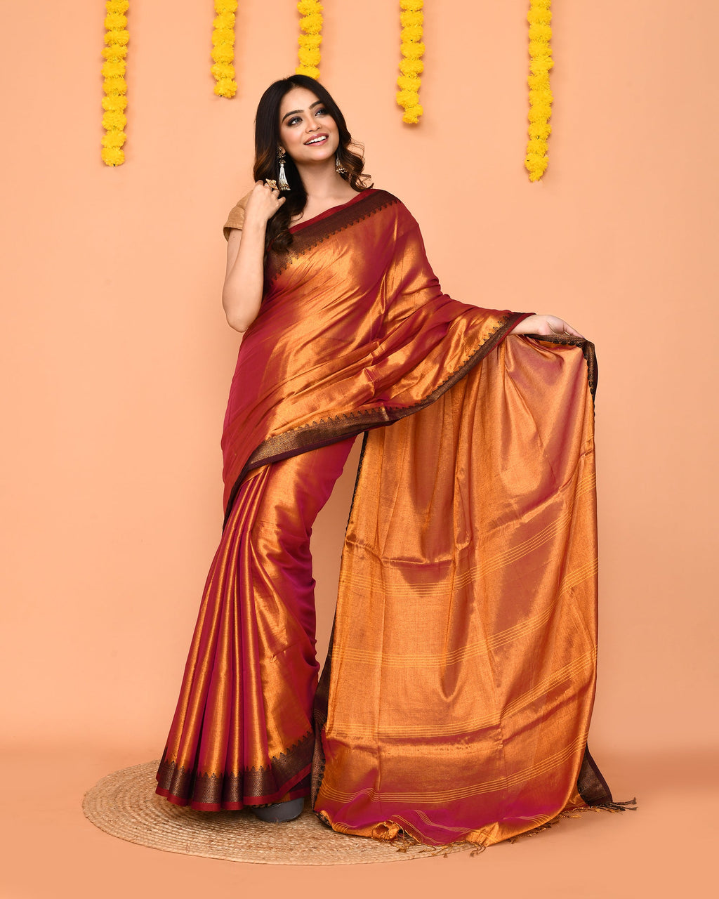 Piyari Fashion Women's Pink Yellow Dual Tone Zari Cotton Handloom Tissue Saree - Distacart