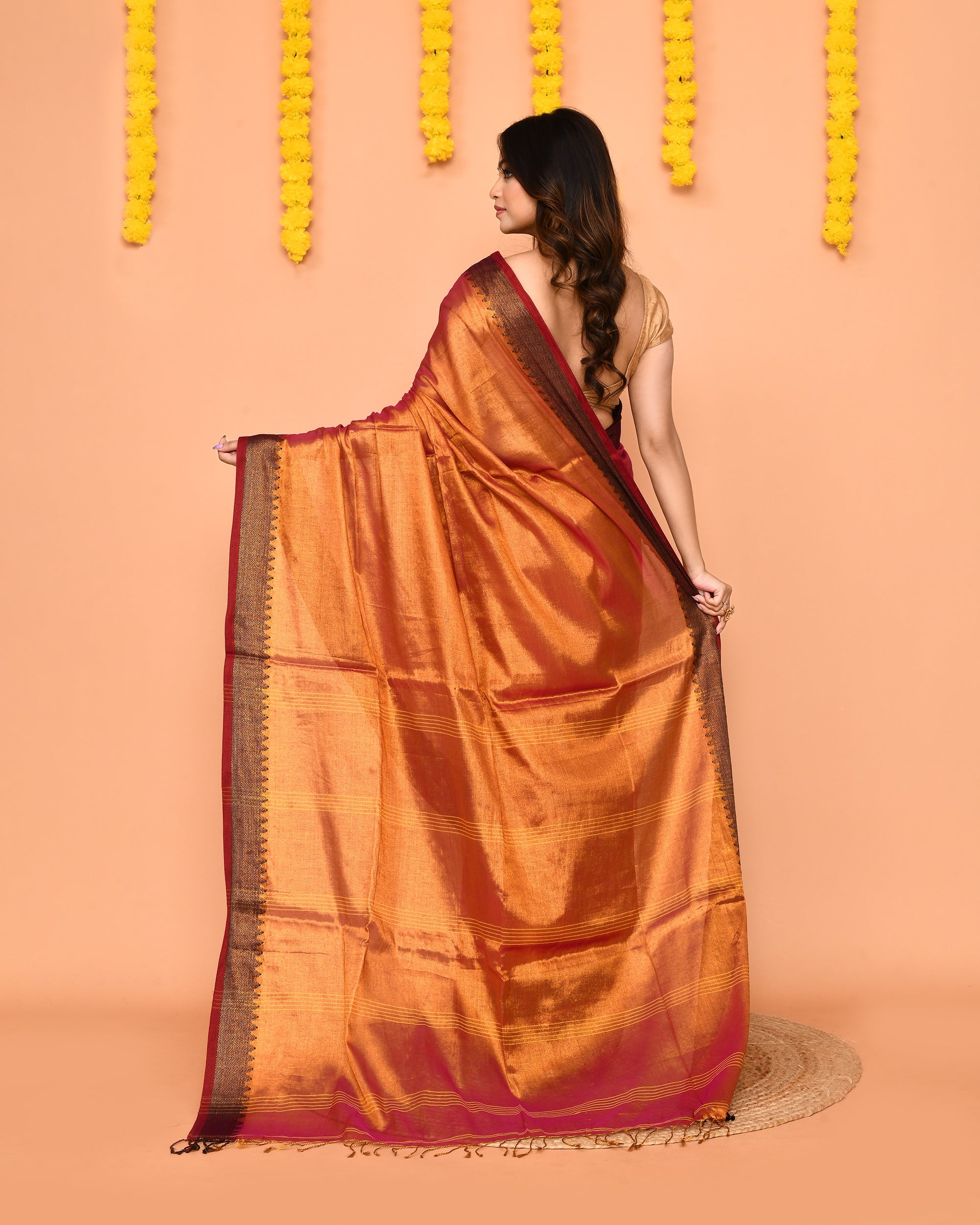 Piyari Fashion Women's Pink Yellow Dual Tone Zari Cotton Handloom Tissue Saree - Distacart