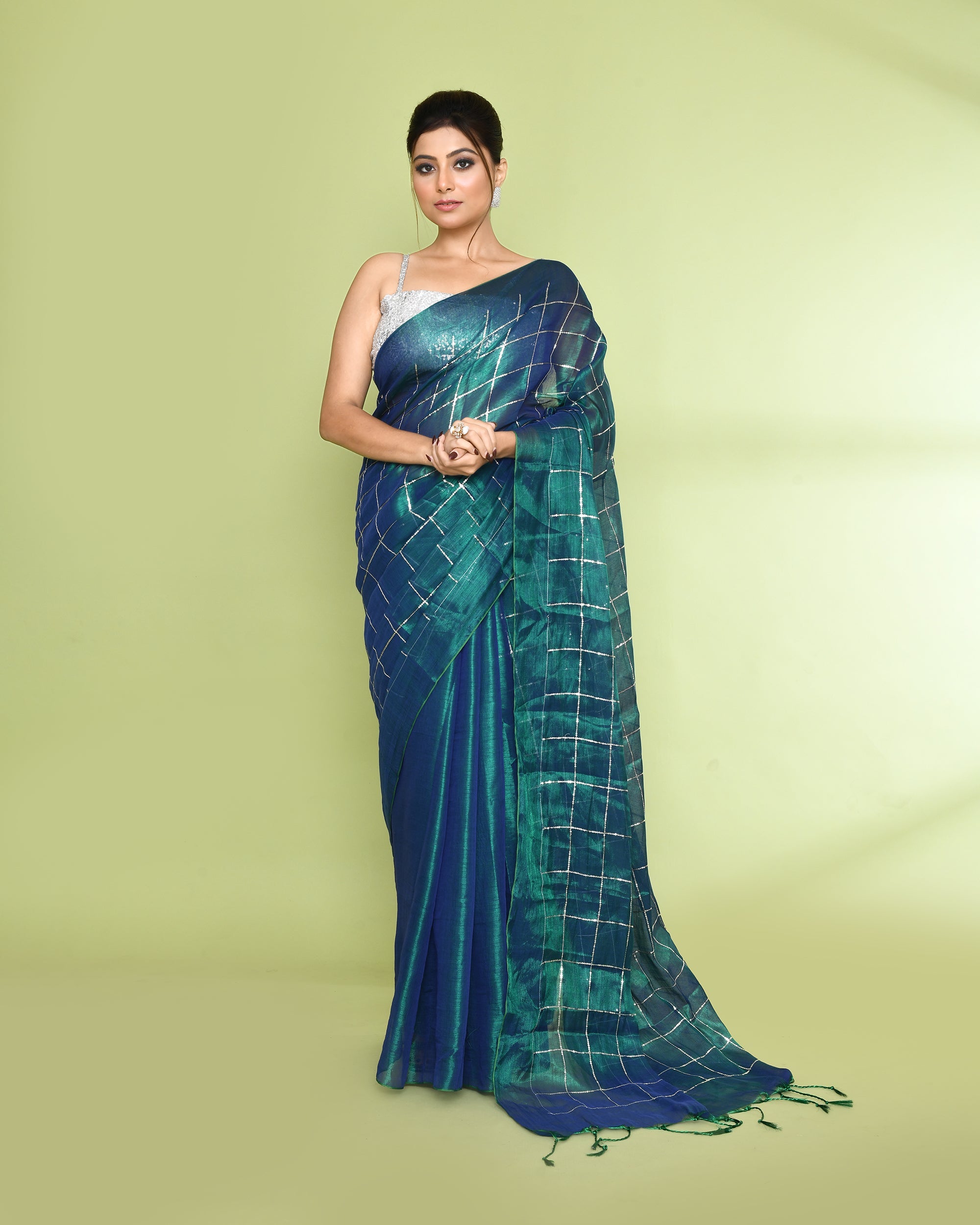 Piyari Fashion Women's Blue Green Zari Cotton Tissue Sequin Saree - Distacart