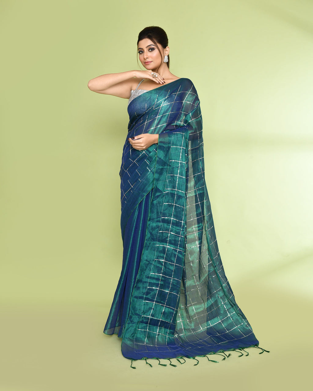 Piyari Fashion Women's Blue Green Zari Cotton Tissue Sequin Saree - Distacart