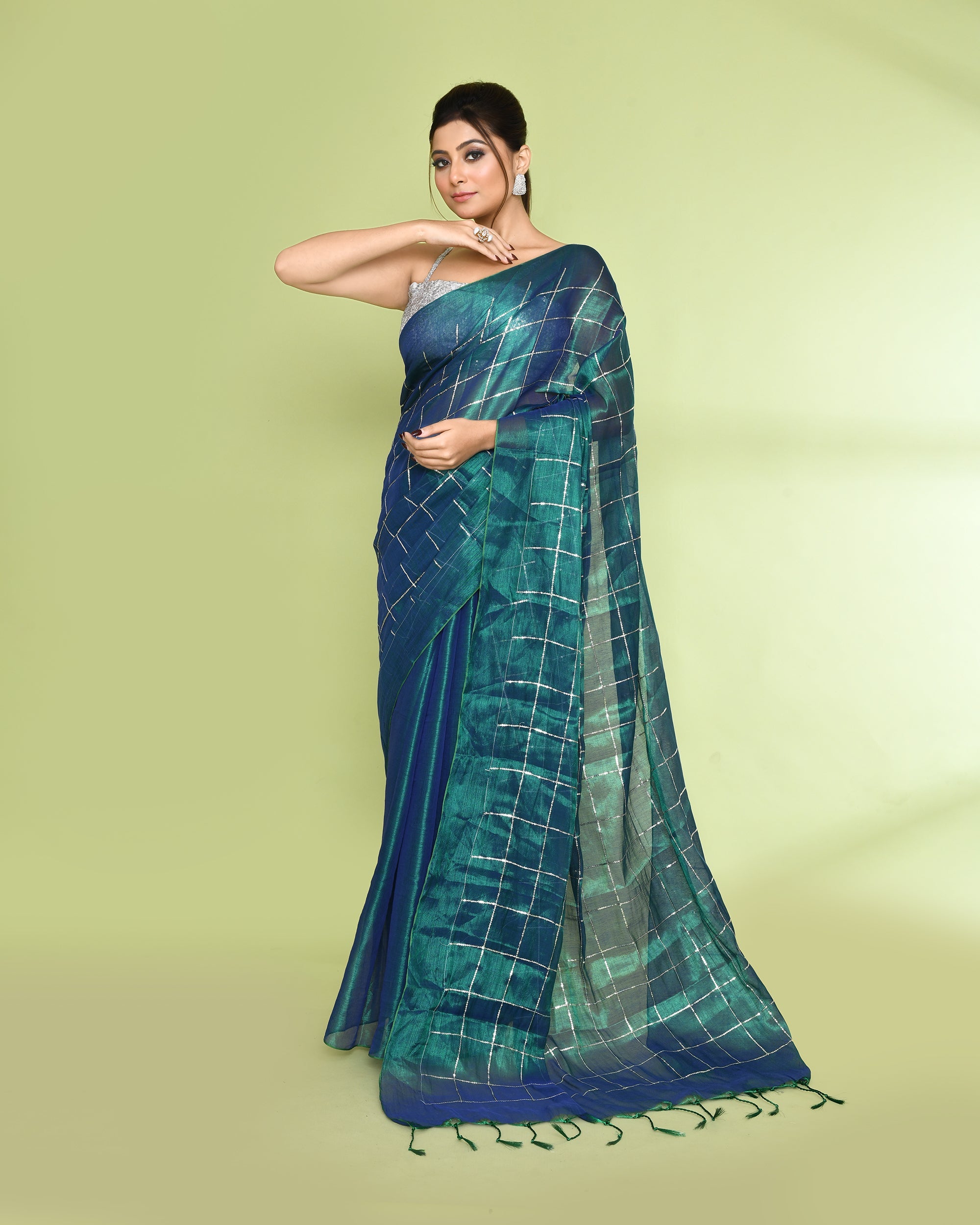 Piyari Fashion Women's Blue Green Zari Cotton Tissue Sequin Saree - Distacart