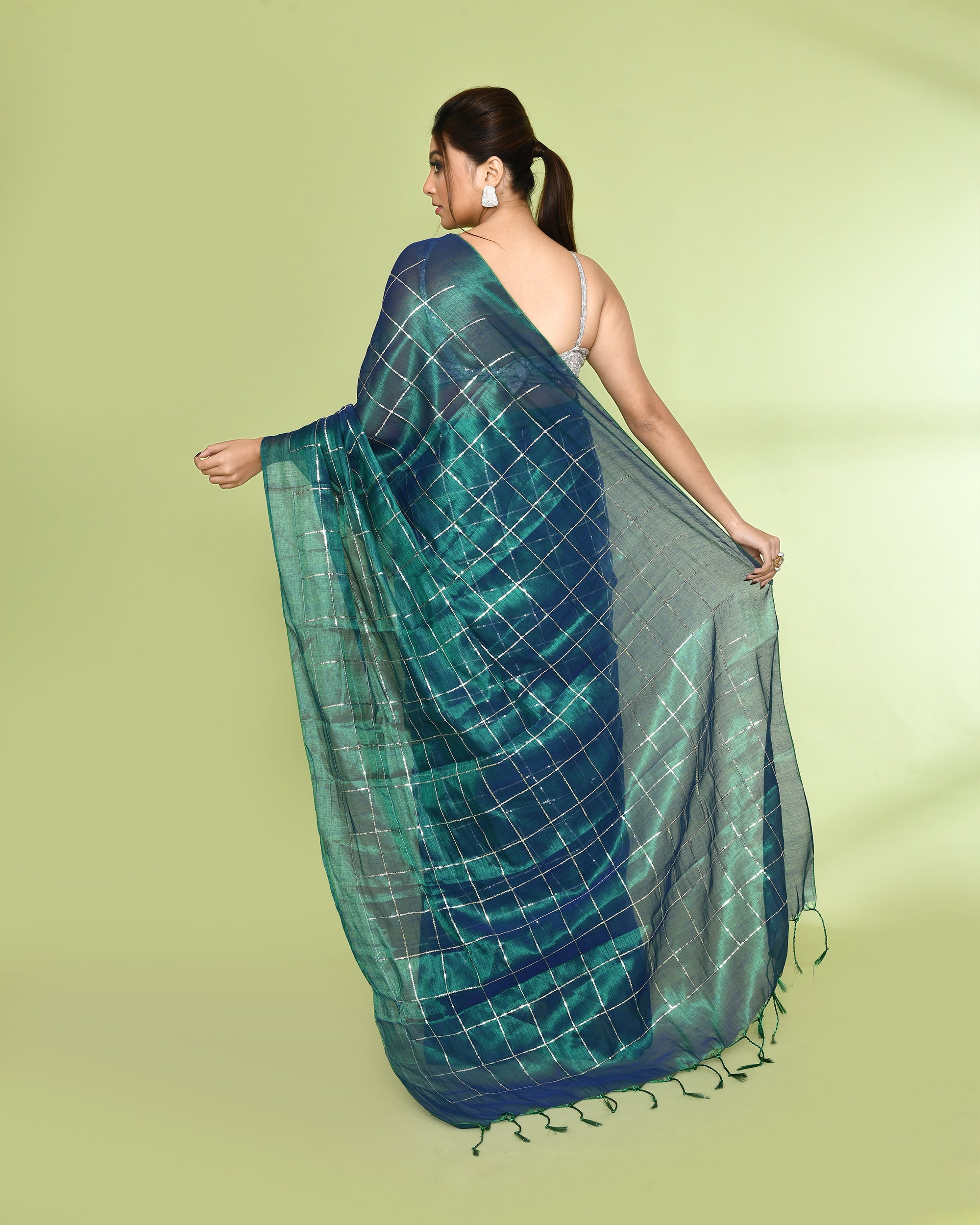 Piyari Fashion Women's Blue Green Zari Cotton Tissue Sequin Saree - Distacart