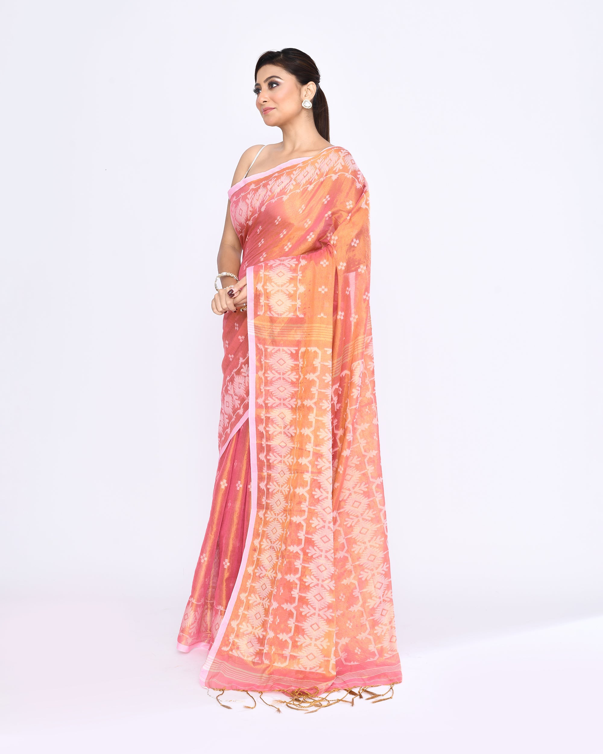 Piyari Fashion Women's Deep Peach Zari Cotton Tissue Jamdani Saree - Distacart