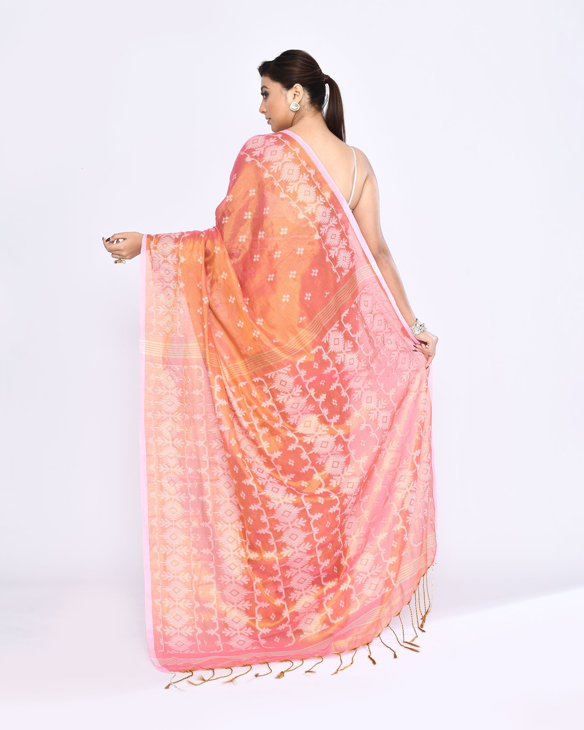 Piyari Fashion Women's Deep Peach Zari Cotton Tissue Jamdani Saree - Distacart