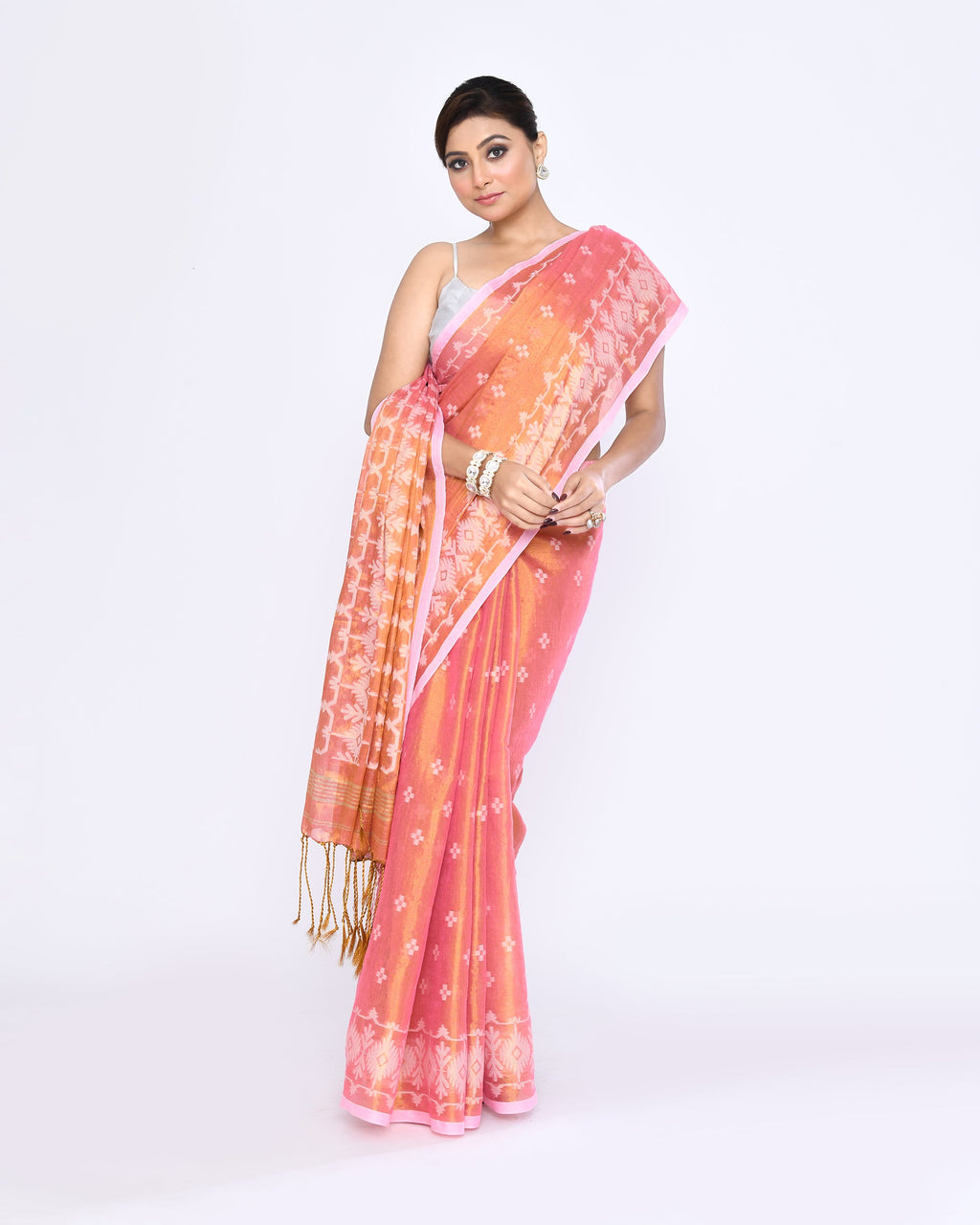 Piyari Fashion Women's Deep Peach Zari Cotton Tissue Jamdani Saree - Distacart