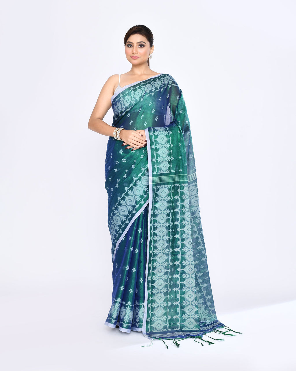 Piyari Fashion Women's Blue Green Zari Cotton Tissue Jamdani Saree - Distacart