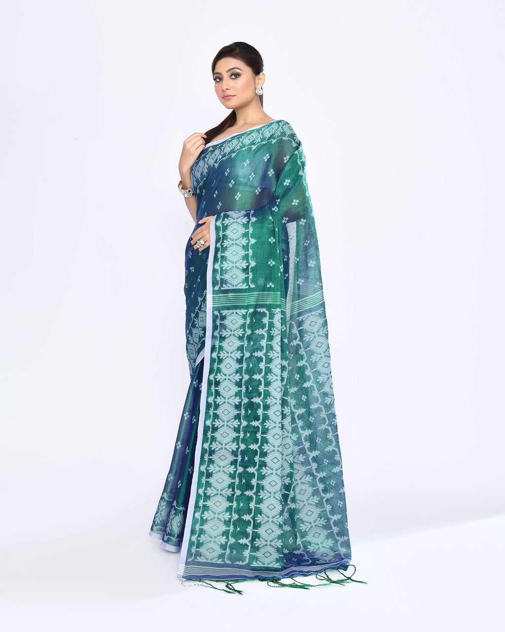 Piyari Fashion Women's Blue Green Zari Cotton Tissue Jamdani Saree - Distacart
