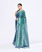 Piyari Fashion Women's Blue Green Zari Cotton Tissue Jamdani Saree - Distacart