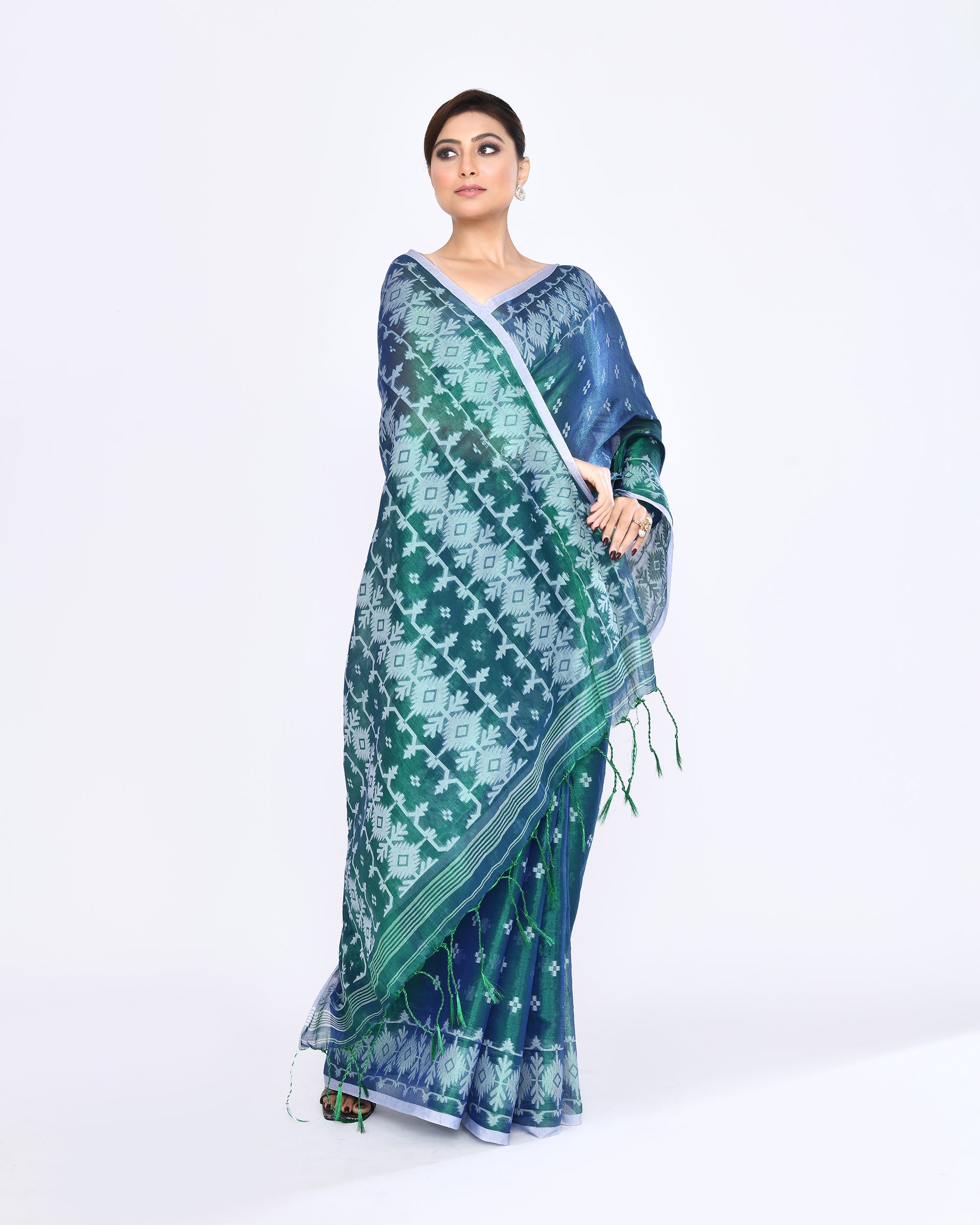 Piyari Fashion Women's Blue Green Zari Cotton Tissue Jamdani Saree - Distacart
