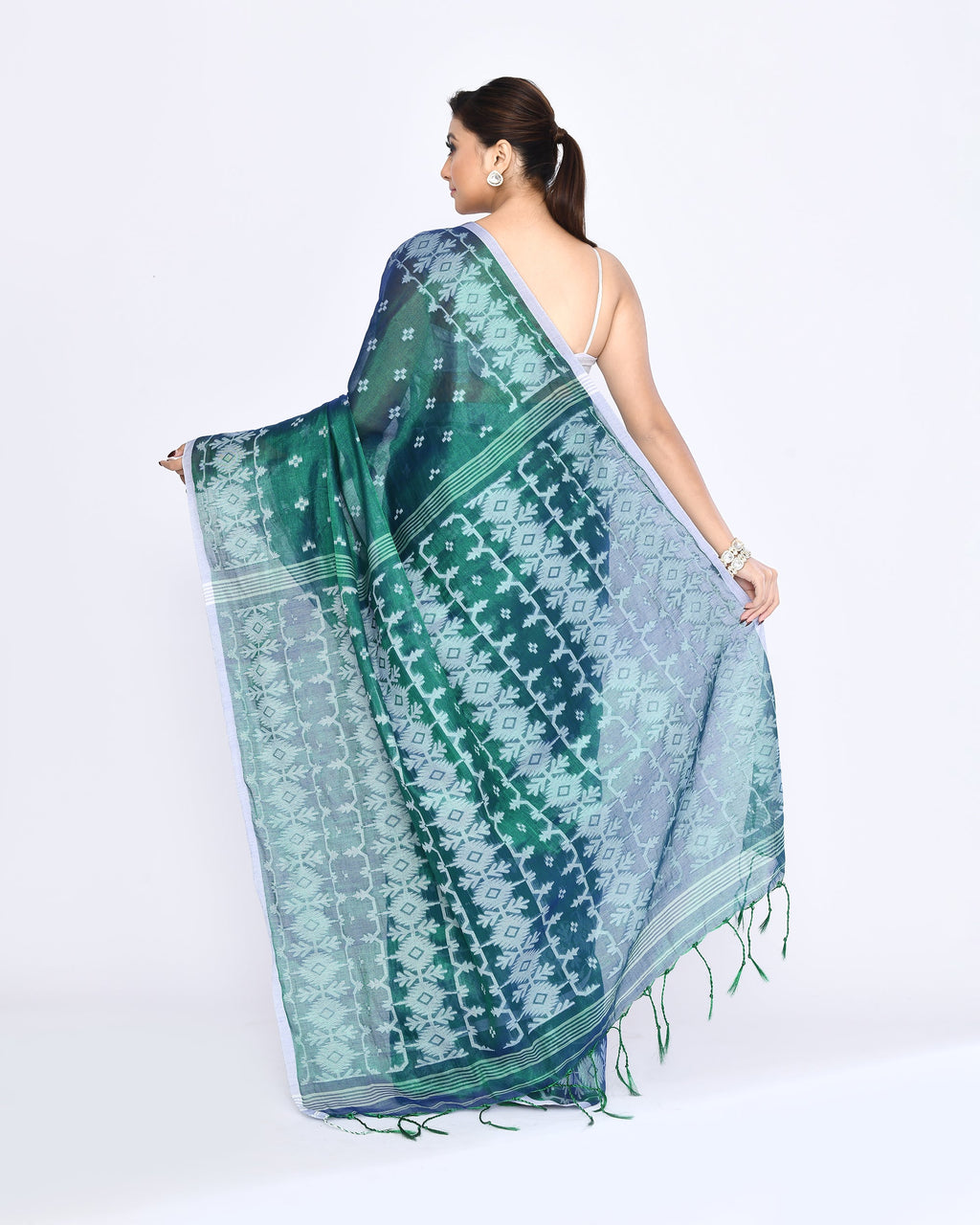 Piyari Fashion Women's Blue Green Zari Cotton Tissue Jamdani Saree - Distacart