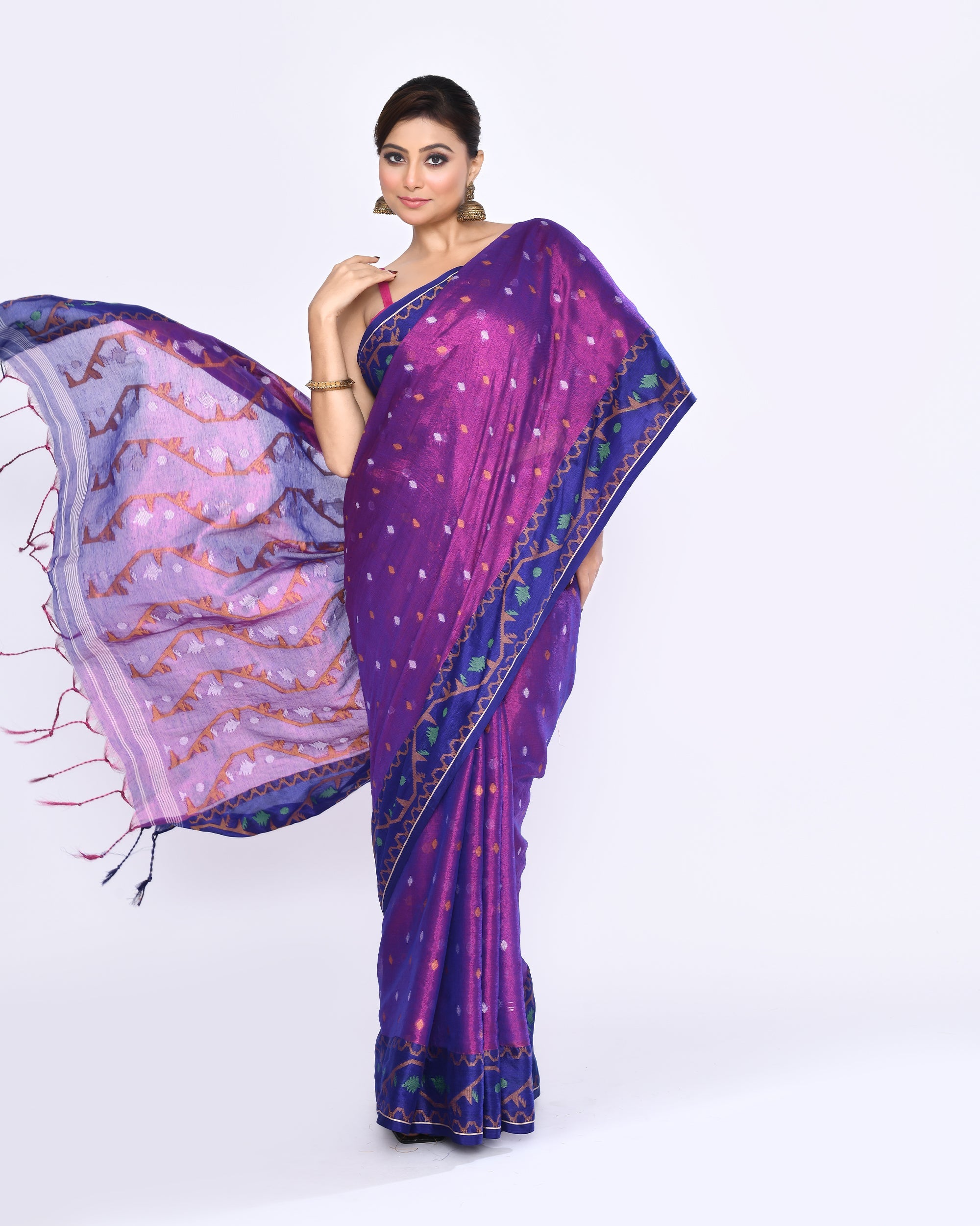Piyari Fashion Women's Pink Blue Zari Cotton Tissue Jamdani Saree - Distacart