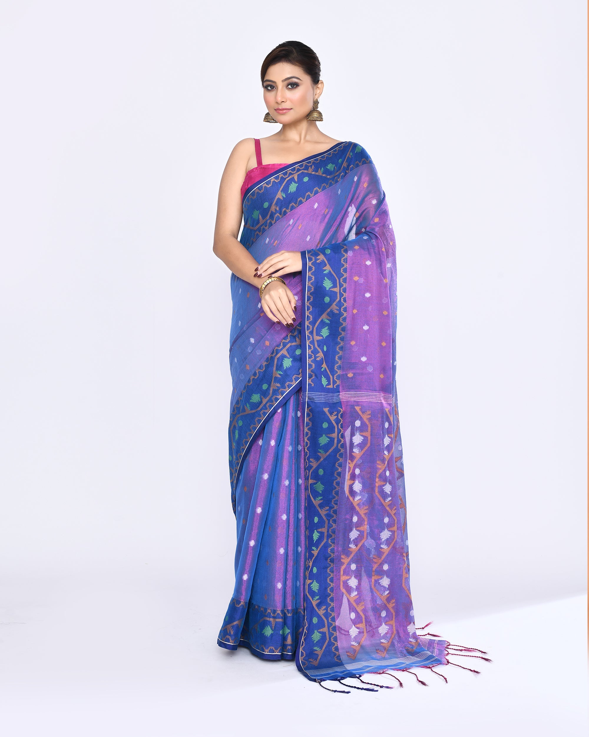 Piyari Fashion Women's Pink Blue Zari Cotton Tissue Jamdani Saree - Distacart
