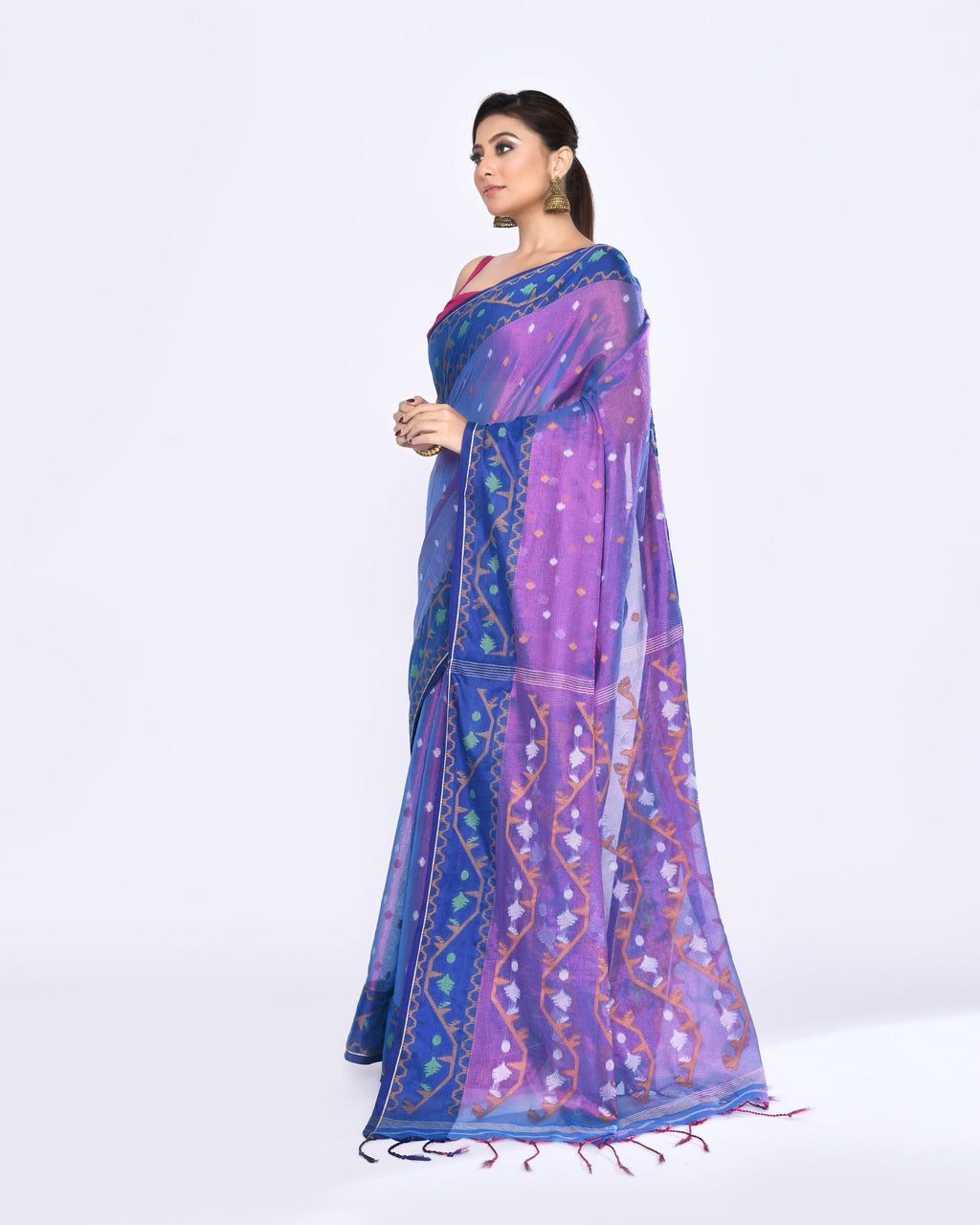 Piyari Fashion Women's Pink Blue Zari Cotton Tissue Jamdani Saree - Distacart