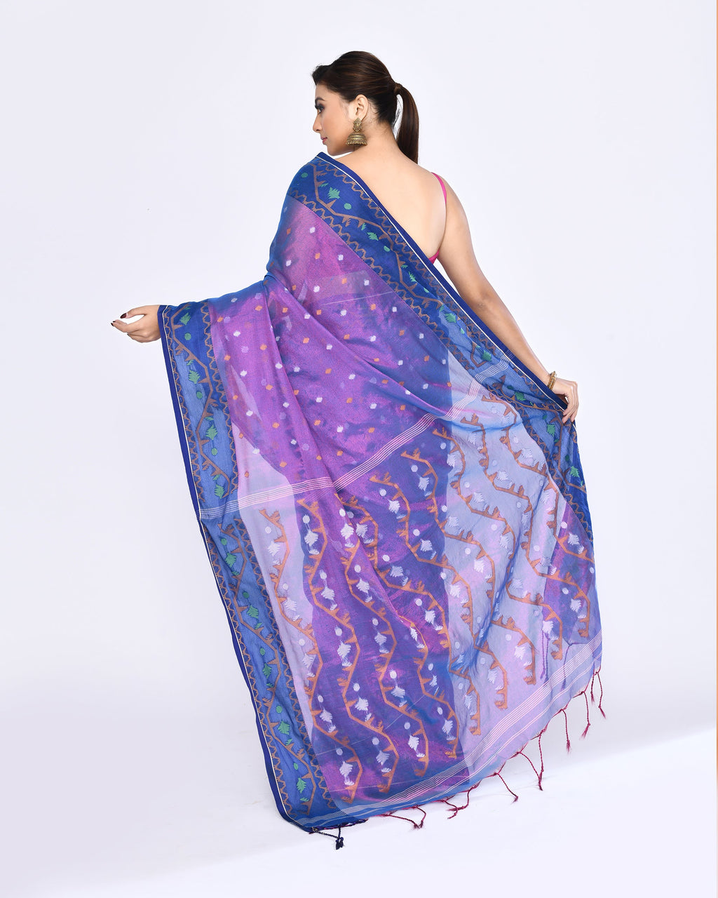 Piyari Fashion Women's Pink Blue Zari Cotton Tissue Jamdani Saree - Distacart