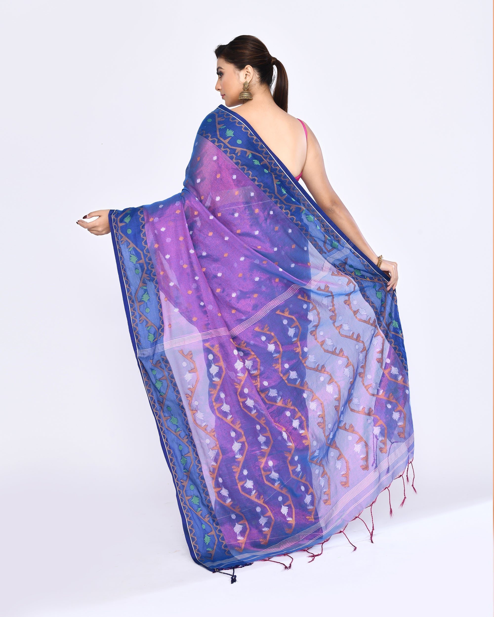 Piyari Fashion Women's Pink Blue Zari Cotton Tissue Jamdani Saree - Distacart