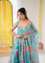 Teeya Creation Blue Pure Muslin Silk Digital Print Traditional Wear Long Gown - Distacart