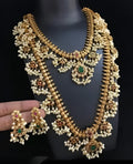 Jewel City Antique-Finish Temple Jewelry Set with Green stone & Pearl Details-Traditional South Indian Bridal Necklace Earrings Set - Distacart