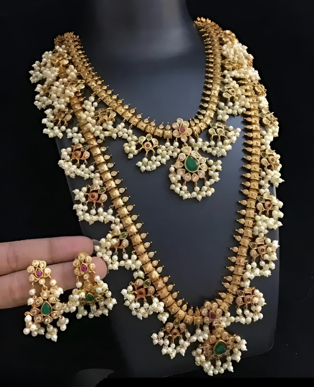 Jewel City Antique-Finish Temple Jewelry Set with Green stone & Pearl Details-Traditional South Indian Bridal Necklace Earrings Set - Distacart