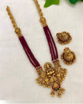 Jewel City Antique-Finish Goddess Ruby Beaded Necklace & Stud Earring Set - Traditional Kemp Stone Temple Jewelry
