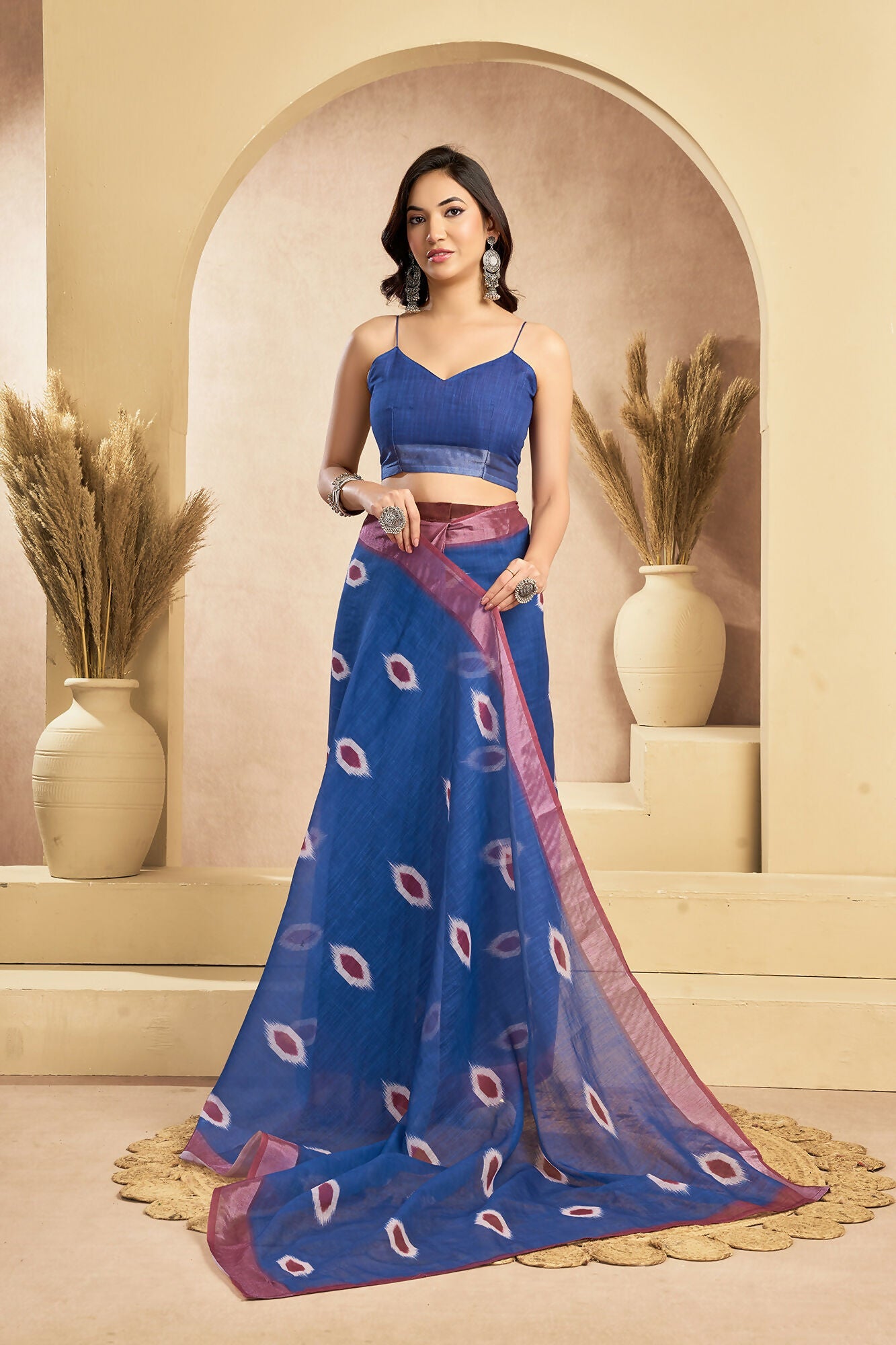 Vastranavya Blue Digital Printed Linen Ready To Wear Pocket Saree with Unstitched Blouse - Distacart