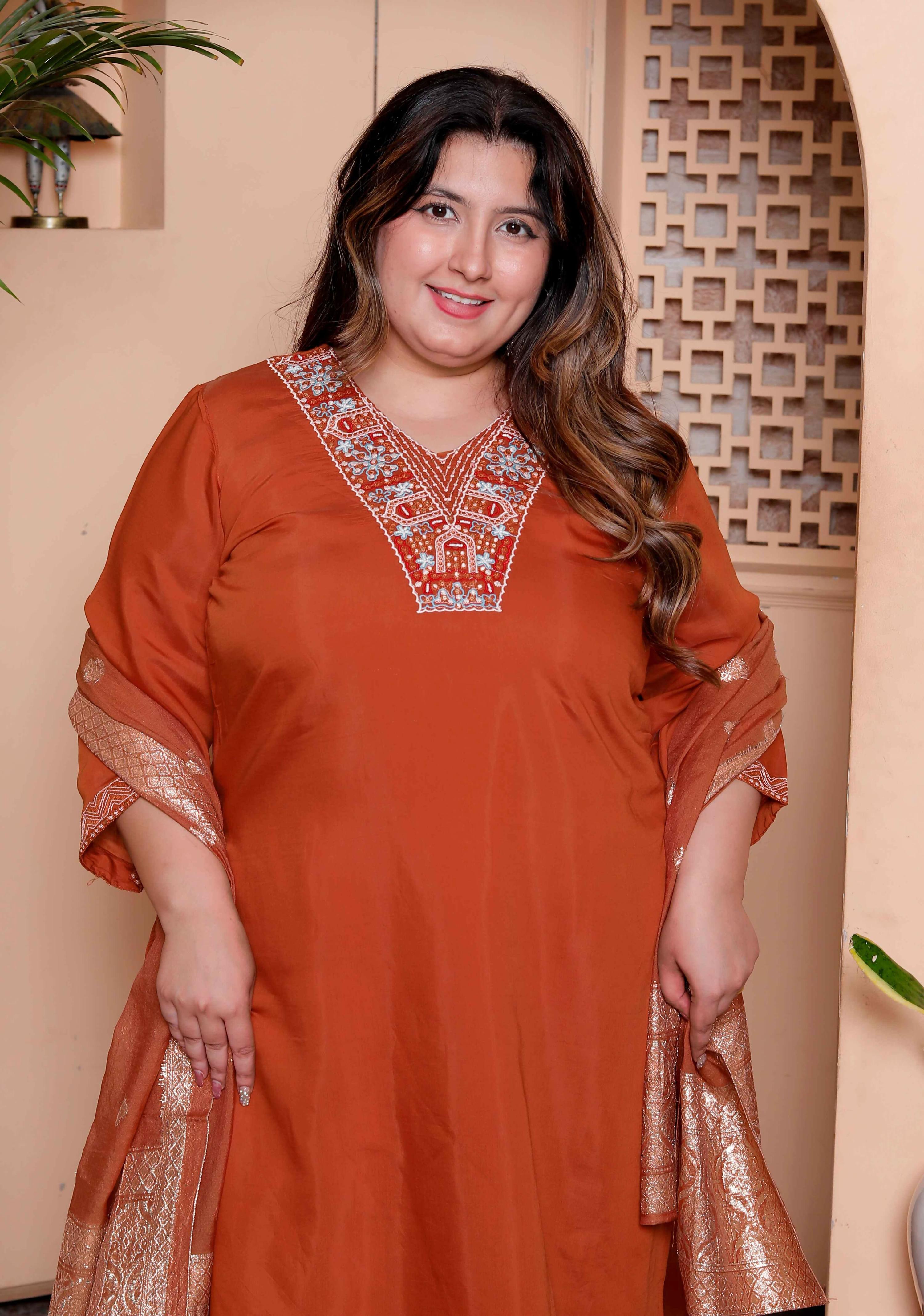 Miravan Women's Plus Size Orange Embroidered Straight Kurta with Palazzo and Dupatta set - Distacart