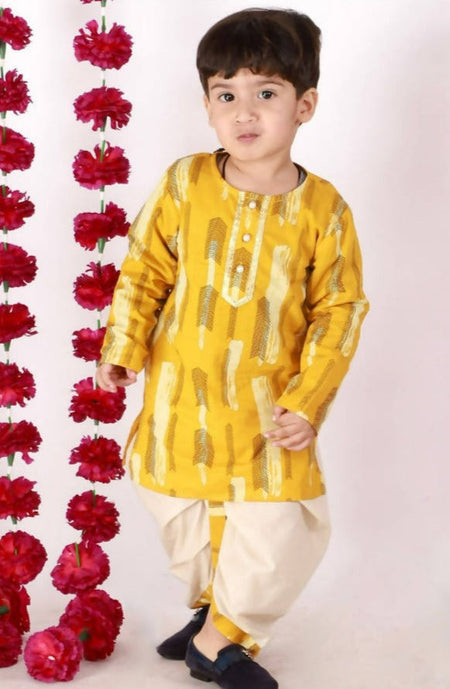 Little Bansi Boys Yellow and Cream Color Feather print Kurta and Dhoti