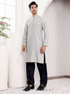 Light Grey Viscose Woven Jacquard Work Men's Kurta - Mahotsav