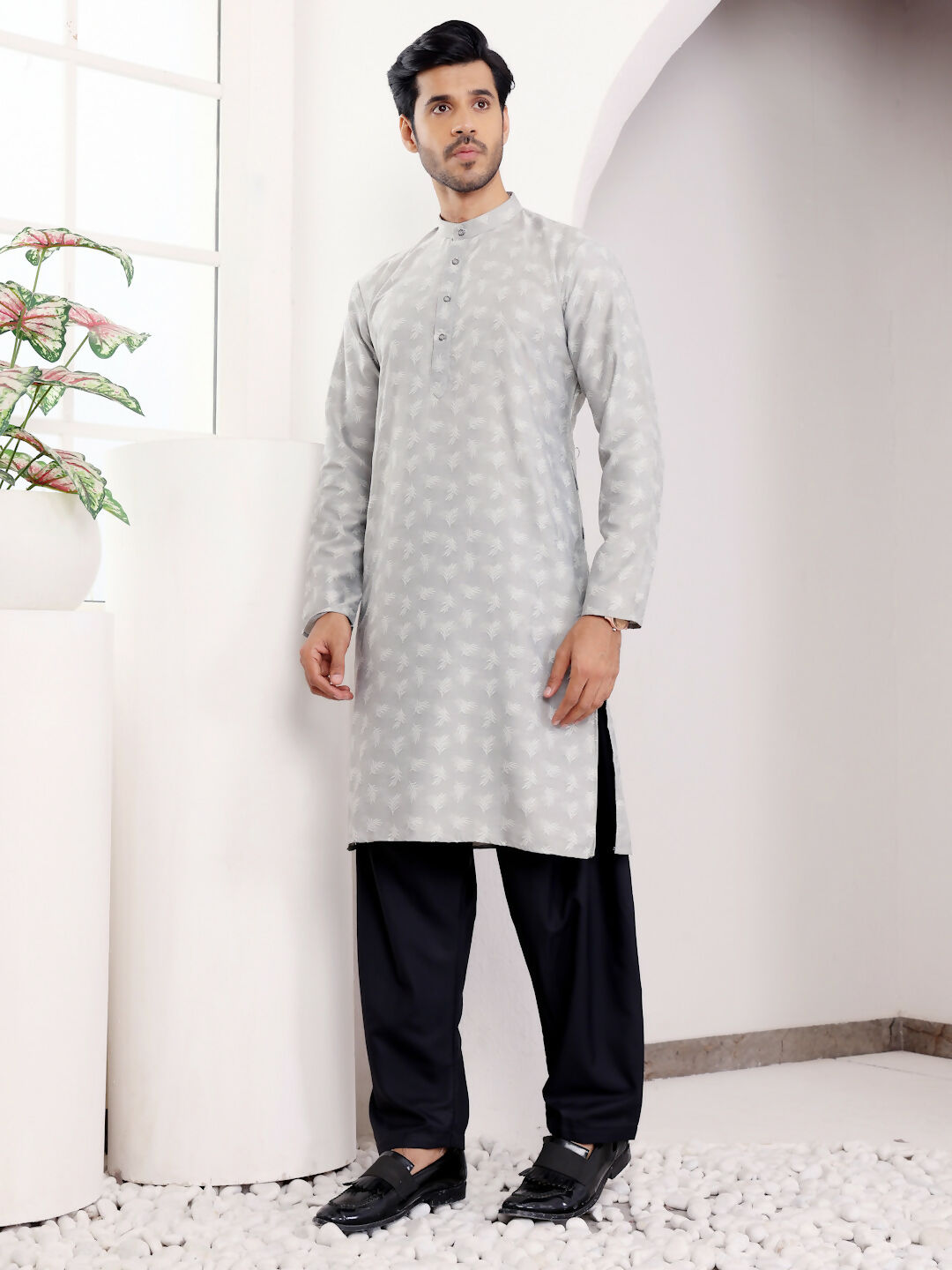 Light Grey Viscose Woven Jacquard Work Men's Kurta - Mahotsav