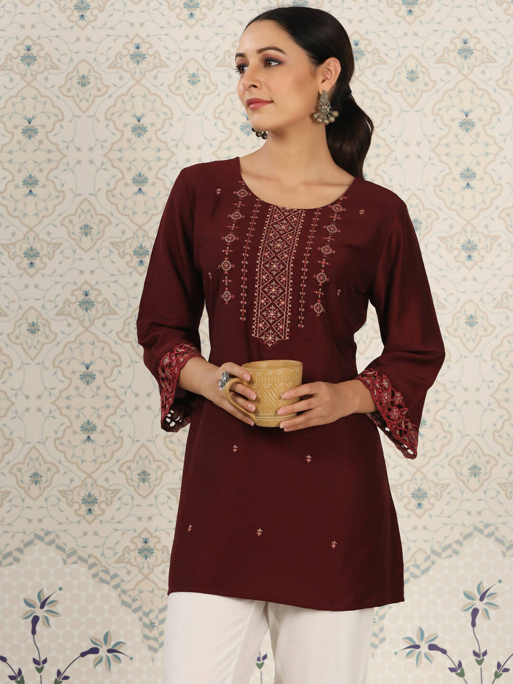 Maroon Chinon Embroidered Straight Top - Zeny