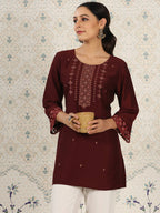 Maroon Chinon Embroidered Straight Top - Zeny