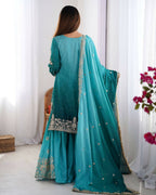 The52 Women's Beautiful Chinon silk Fabric Embroidery Work Straight Kurta Palazzo and Dupatta Set - Distacart