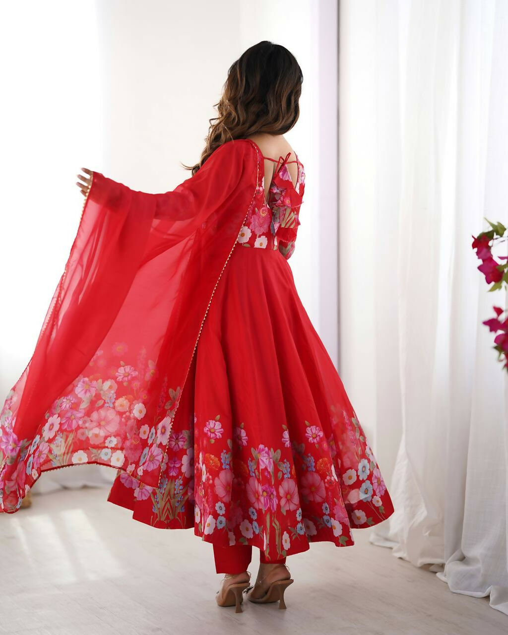 The52 Women's Gorgeous Floral Printed Organza Silk Fabric Flared Anarkali Pant and Dupatta Set - Distacart