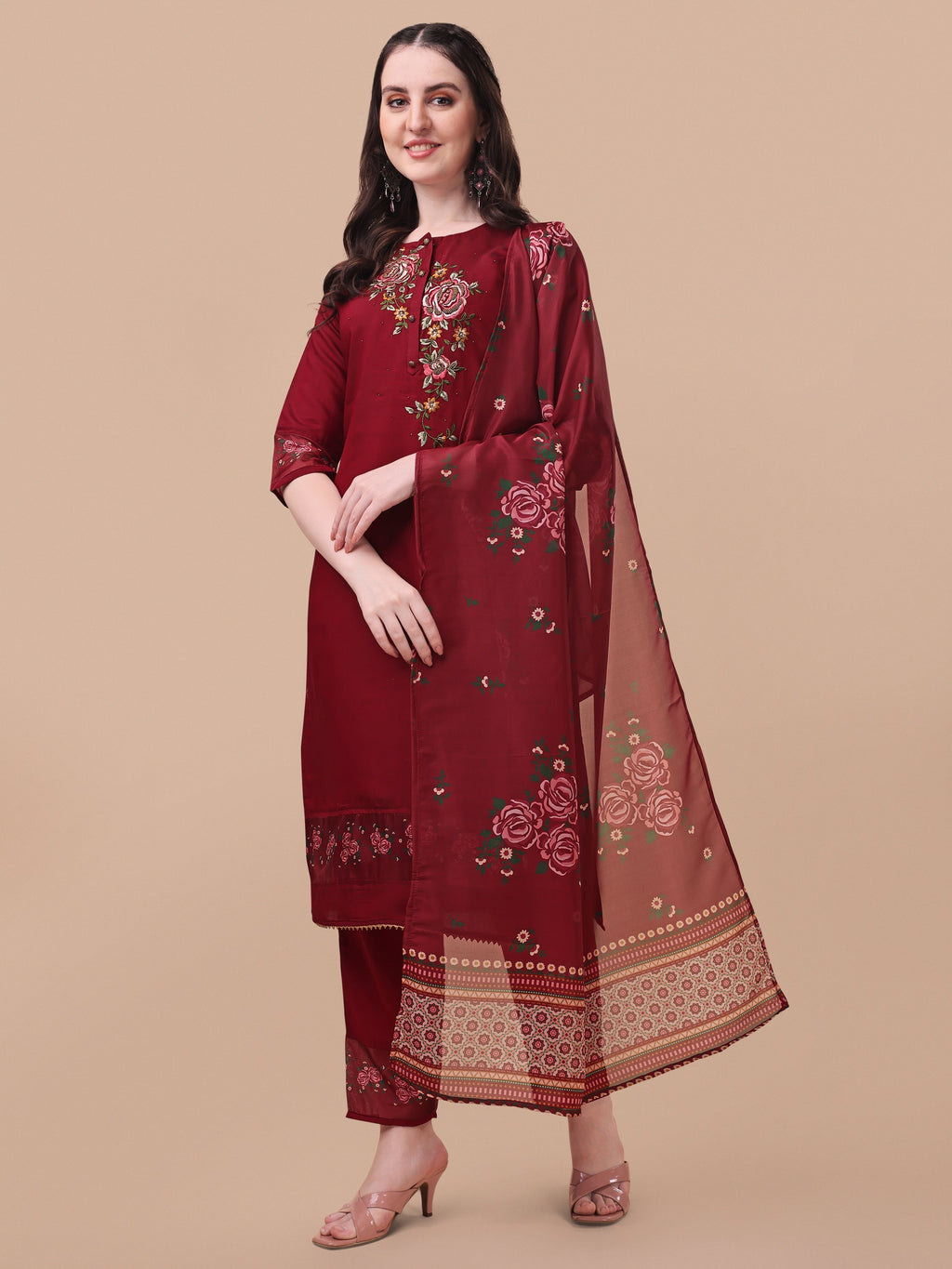 Embroidered Kurta With Pant & Dupatta Set, Multicolor - Hiral Fashion - Distacart
