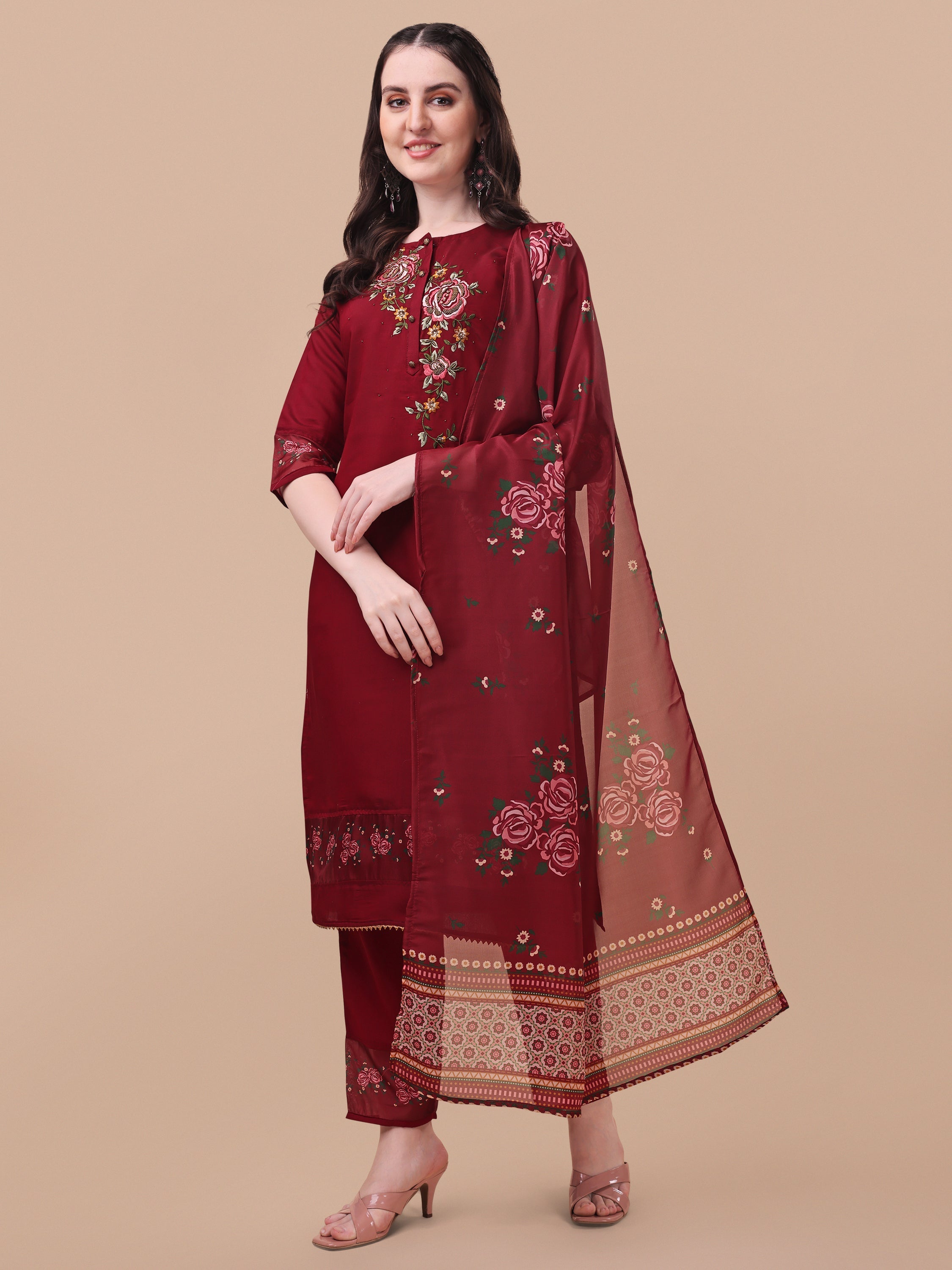 Embroidered Kurta With Pant & Dupatta Set, Multicolor - Hiral Fashion - Distacart