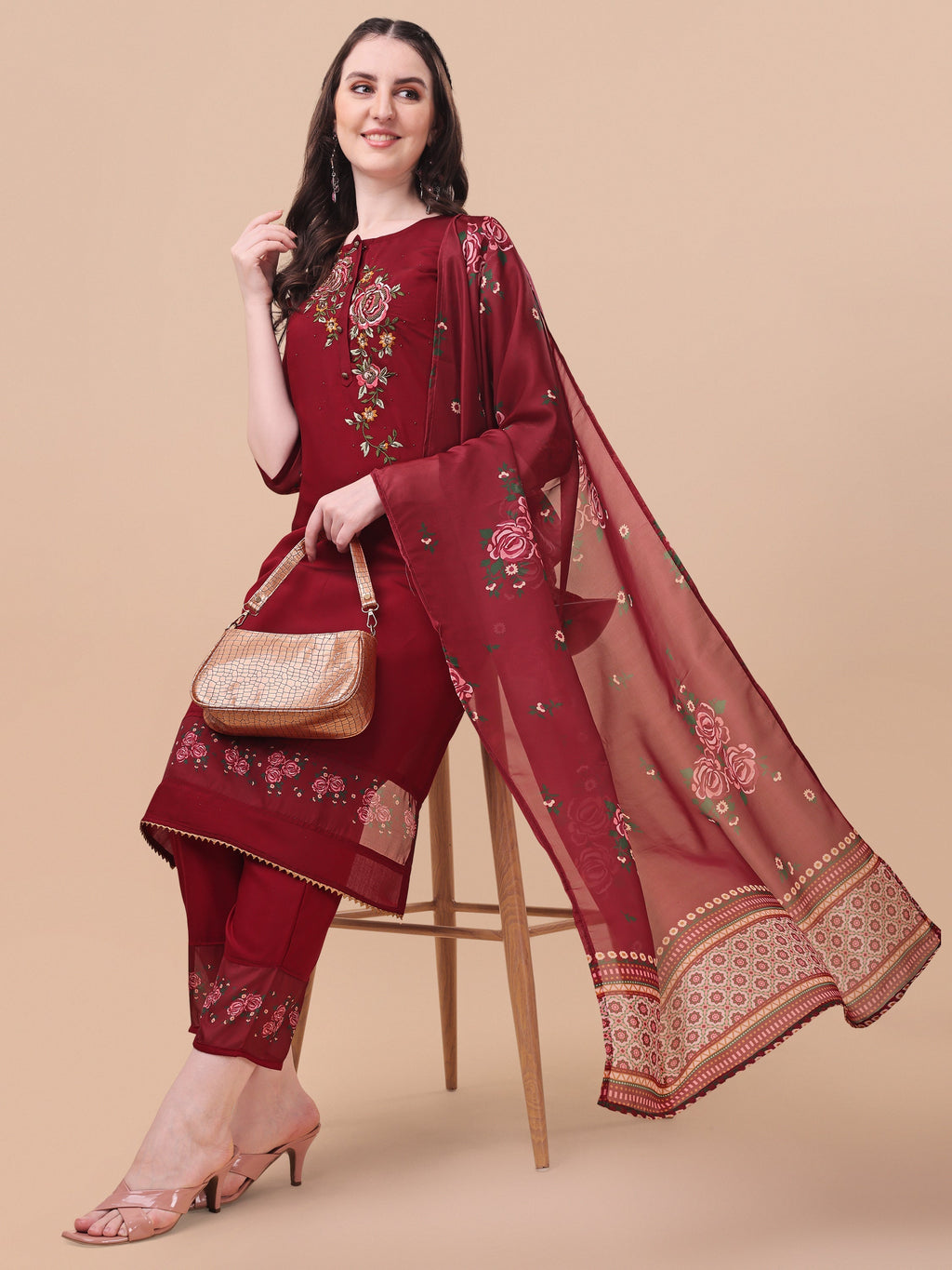 Embroidered Kurta With Pant & Dupatta Set, Multicolor - Hiral Fashion - Distacart