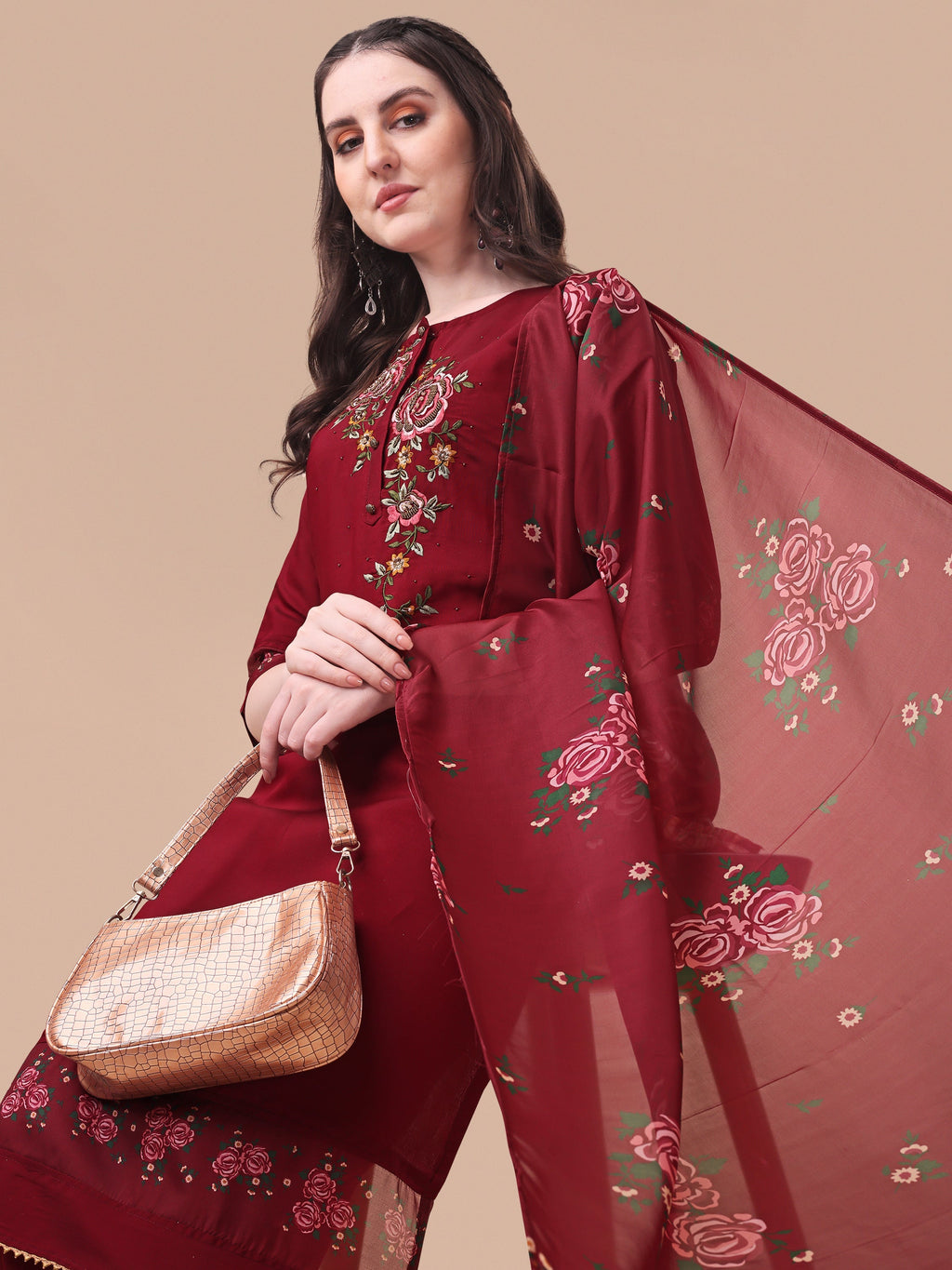 Embroidered Kurta With Pant & Dupatta Set, Multicolor - Hiral Fashion - Distacart