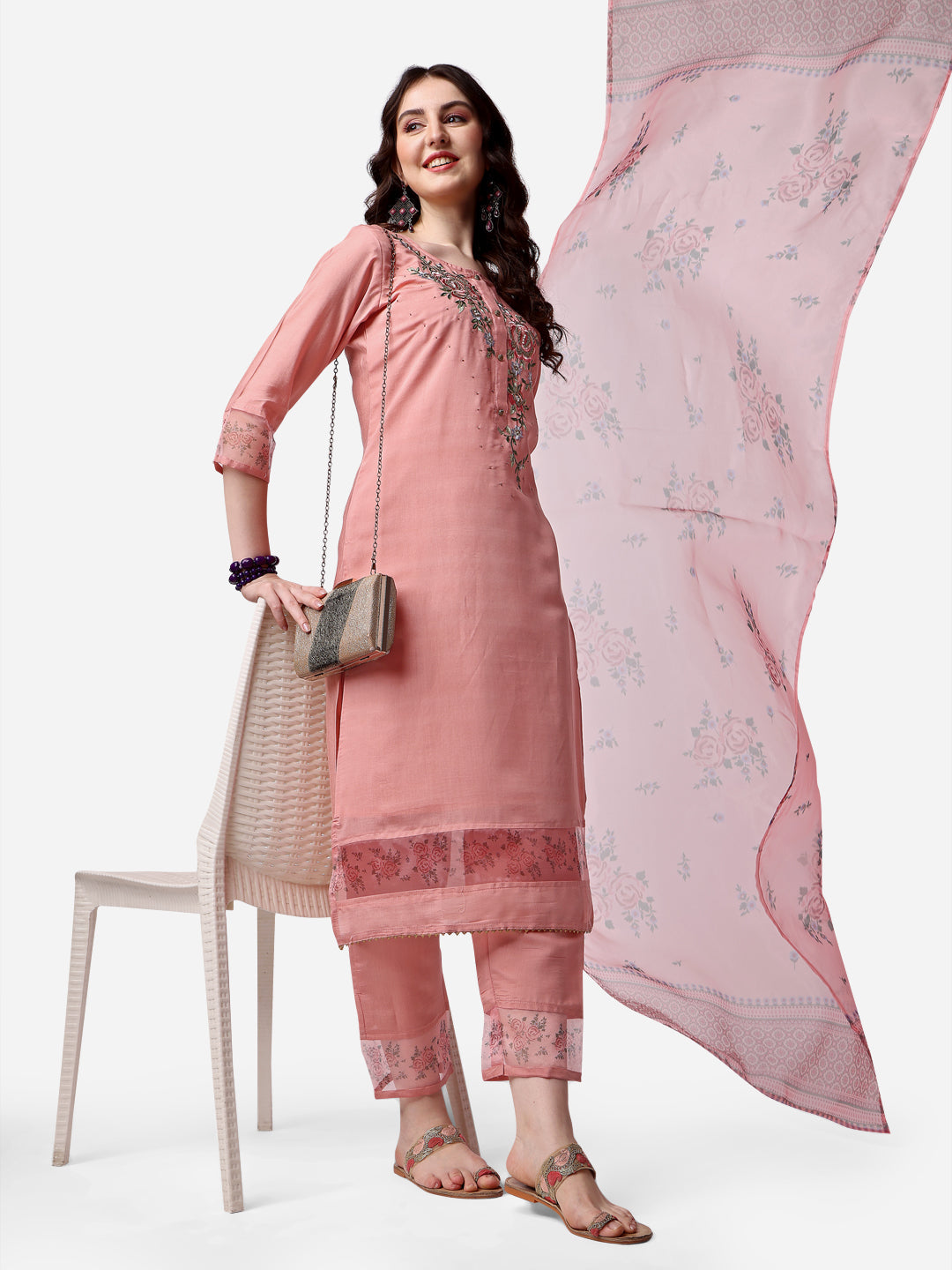 Embroidered Kurta With Pant & Dupatta Set, Multicolor - Hiral Fashion - Distacart