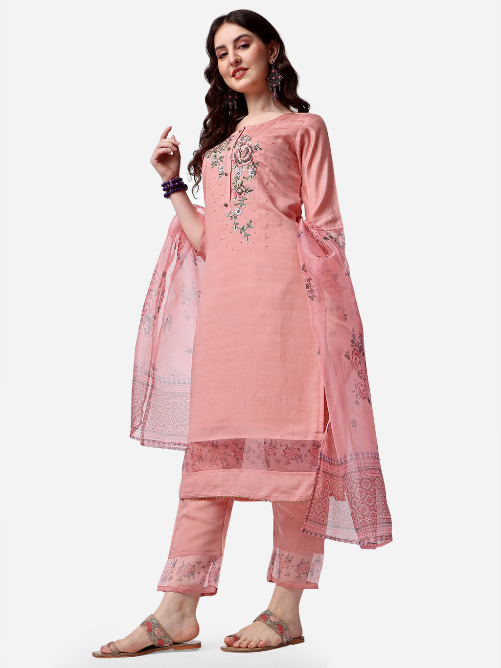 Embroidered Kurta With Pant & Dupatta Set, Multicolor - Hiral Fashion - Distacart