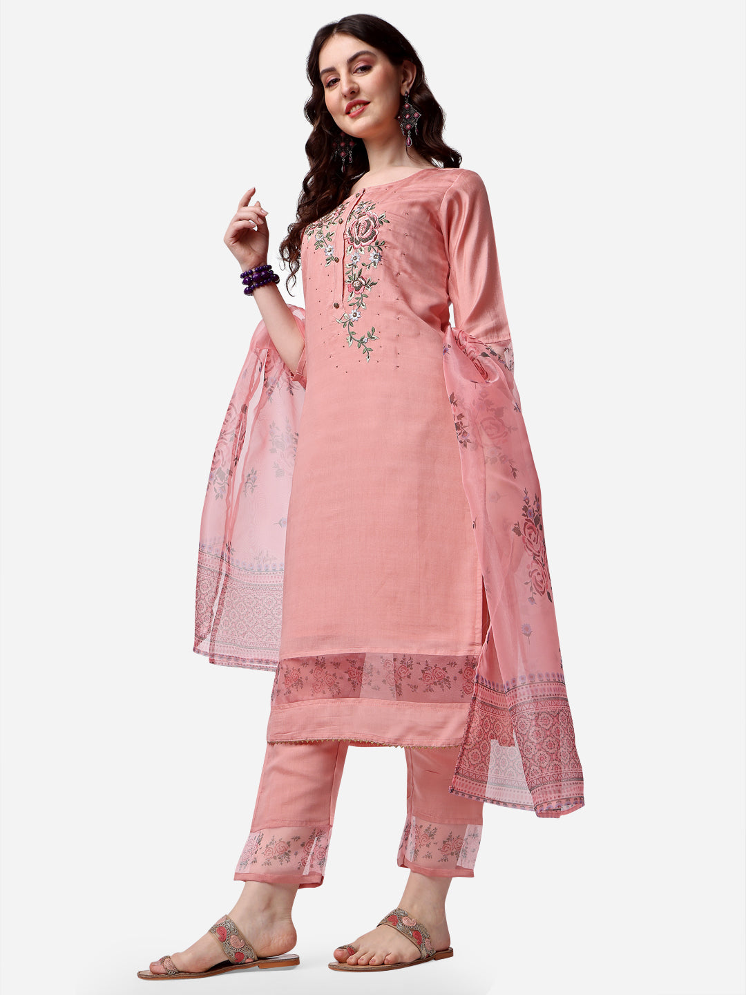 Embroidered Kurta With Pant & Dupatta Set, Multicolor - Hiral Fashion - Distacart