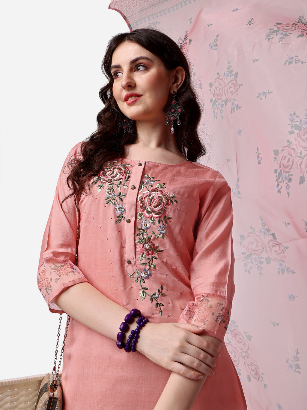 Embroidered Kurta With Pant & Dupatta Set, Multicolor - Hiral Fashion - Distacart