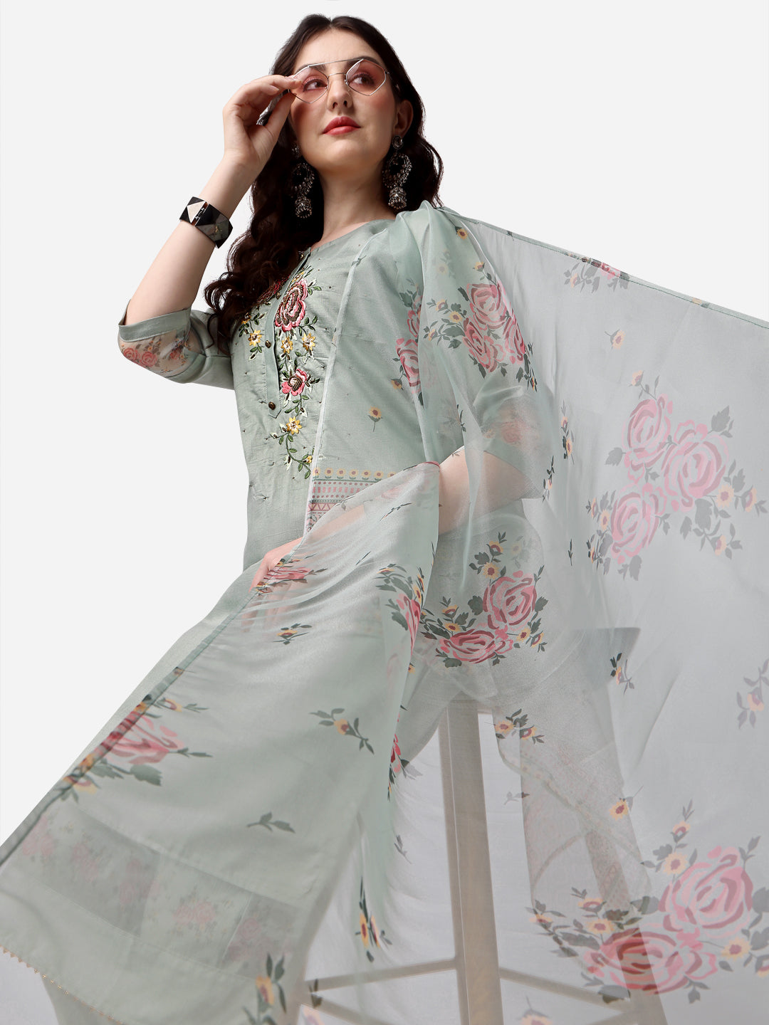 Embroidered Kurta With Pant & Dupatta Set, Multicolor - Hiral Fashion - Distacart