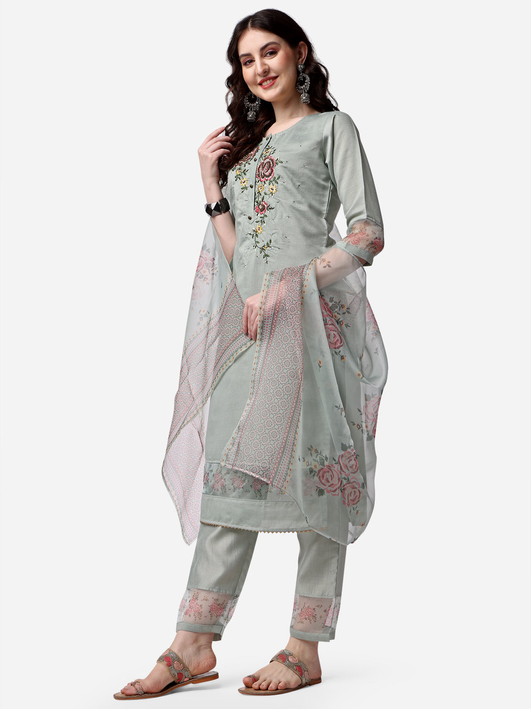 Embroidered Kurta With Pant & Dupatta Set, Multicolor - Hiral Fashion - Distacart