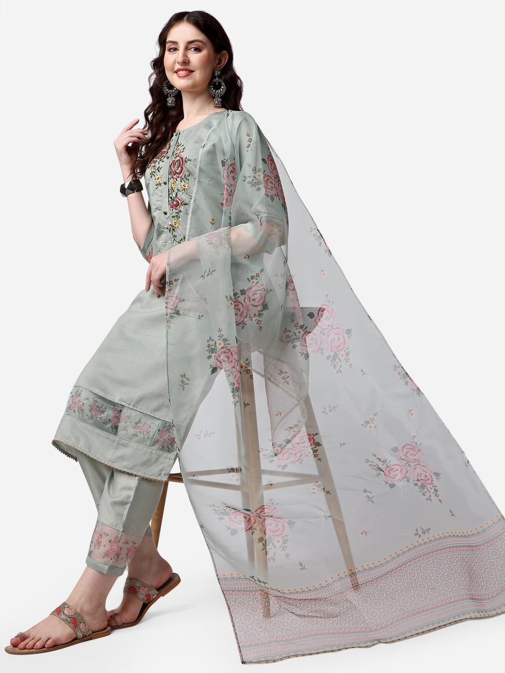 Embroidered Kurta With Pant & Dupatta Set, Multicolor - Hiral Fashion - Distacart