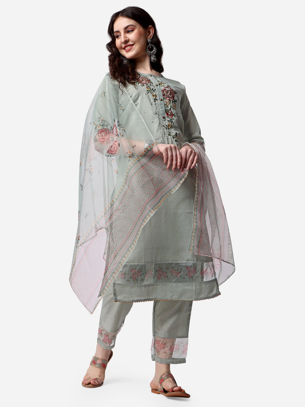Embroidered Kurta With Pant & Dupatta Set, Multicolor - Hiral Fashion - Distacart